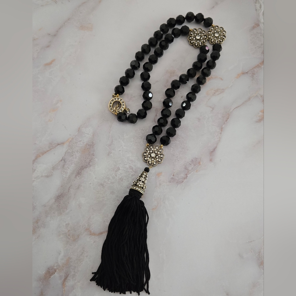 Heidi Daus "Dreams Do Come True" Black Crystal Beaded Tassel Necklace Statement